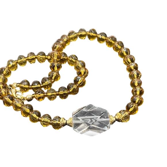 Faceted Yellow Beaded Faceted Prismatic Rock Quartz Gold Tone Collar Necklace - Picture 1 of 8